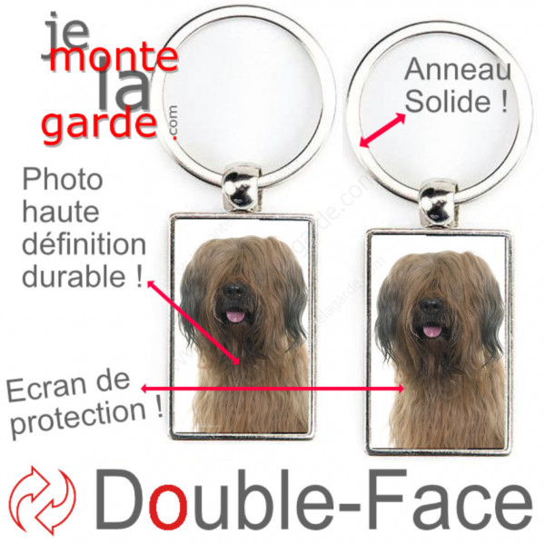 Porte-Clefs métallique double face photo Briard fauve, idée cadeau porte clés fer acier Berger de Brie marron