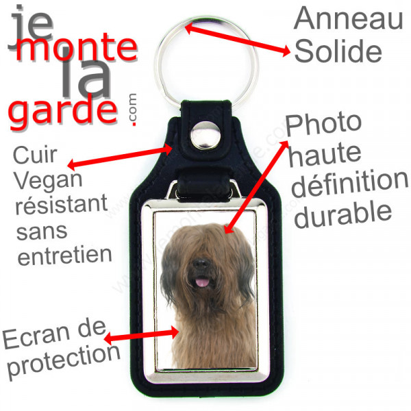 Porte-clés en cuir vegan et support en métal, avec la photo de votre Briard fauve, idée cadeau porte clés Berger de Brie marron