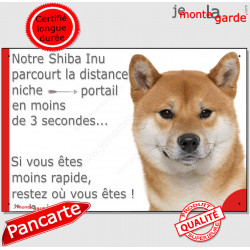 Shiba Inu fauve tête, plaque humour "parcourt Distance Niche - Portail moins 3 secondes" pancarte attention au chien drôle photo