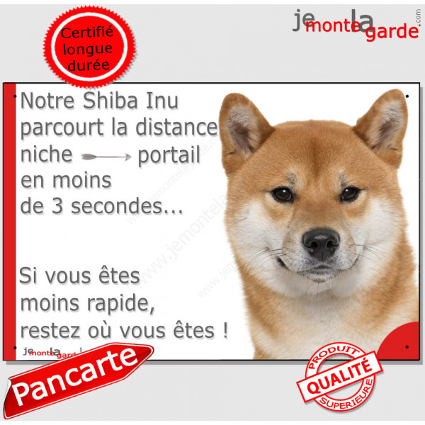 Shiba Inu fauve tête, plaque humour "parcourt Distance Niche - Portail moins 3 secondes" pancarte attention au chien drôle photo