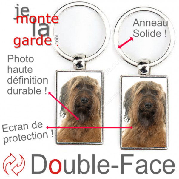 Porte-Clefs métallique double face photo Briard fauve, idée cadeau porte clés fer acier Berger de Brie marron