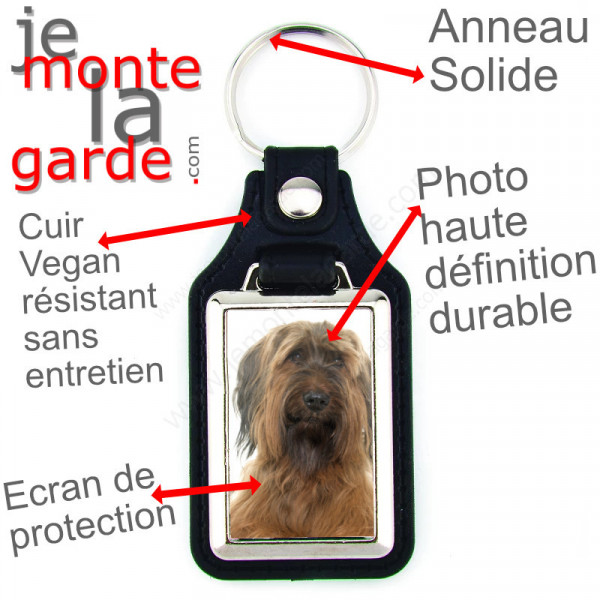 Porte-clés en cuir vegan et support en métal, avec la photo de votre Briard fauve, idée cadeau porte clés Berger de Brie marron