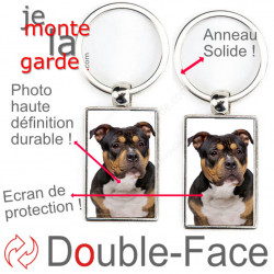 Porte-Clefs métallique double face photo American Bully tricolore, idée cadeau porte clés fer acier