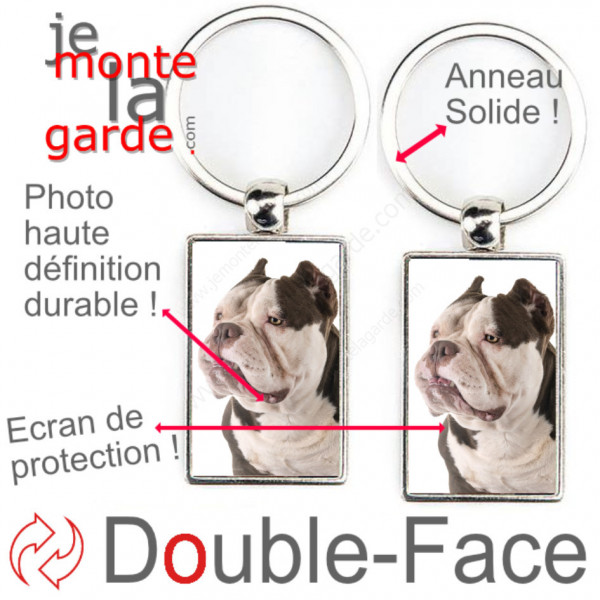 Porte-Clefs métallique double face photo American Bully marron chocolat et blanc, idée cadeau porte clés fer acier