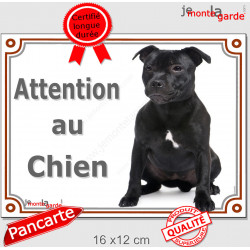 Staffie noir assis, plaque portail Attention au Chien" pancarte panneau Staffy photo