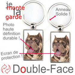 Porte-Clefs métallique double face photo American Bully Marron Chocolat & Tan, idée cadeau porte clés fer acier