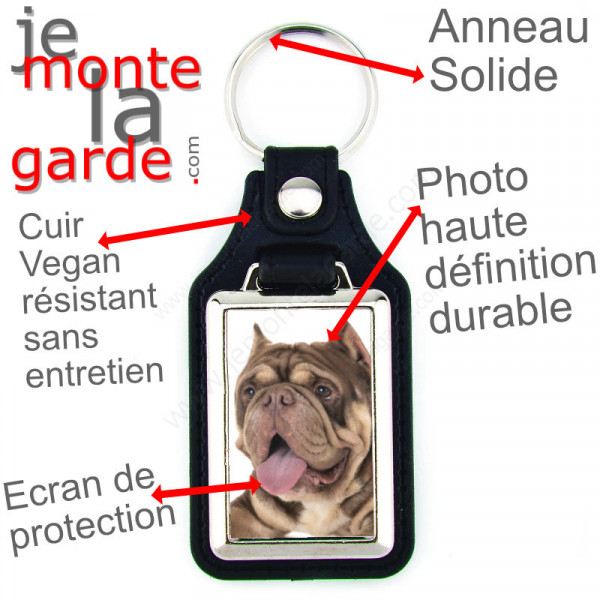 Porte-clés en cuir vegan et support en métal, avec la photo de votre American Bully Marron Chocolat et Tan, idée cadeau clef