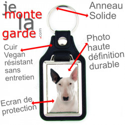 Porte-clés en cuir vegan et support en métal, avec la photo de votre Bull Terrier blanc avec oreille noire, idée cadeau clef