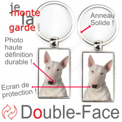 Porte-Clefs métallique double face photo Bull Terrier entièrement blanc, idée cadeau porte clés fer acier