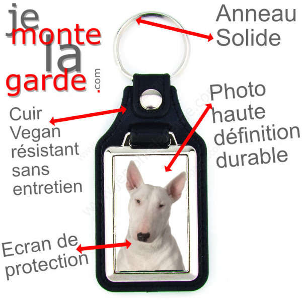 Porte-clés en cuir vegan et support en métal, avec la photo de votre Bull Terrier entièrement blanc, idée cadeau clef