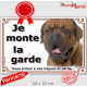 Dogue de Bordeaux face noire tête, plaque portail, photo "Je Monte la Garde risques périls" pancarte Attention au Chien