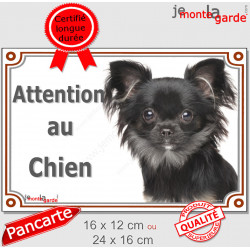 Chihuahua poils longs noir Tête, Plaque portail "Attention au chien" panneau affiche pancarte photo