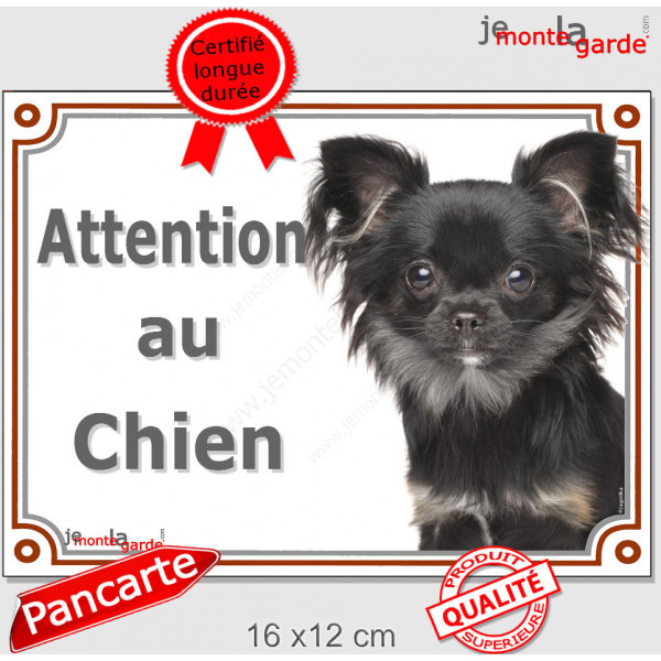 Chihuahua poils longs noir Tête, Plaque portail "Attention au chien" panneau affiche pancarte photo