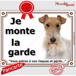 Fox Terrier à poils durs, plaque portail "Je Monte la Garde, risques et périls" pancarte panneau photo affiche rue