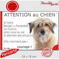 Berger Pyrénées fauve, plaque portail humour "Attention au Chien, Jetez Vous au Sol, attendez secours, courage" pancarte Labrit 