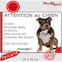 American Bully tricolore, plaque portail humour "Attention au Chien, Jetez Vous au Sol, attendez secours, courage" photo