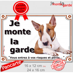 Bull Terrier Fauve, plaque portail je monte la garde, risques périls, panneau pancarte attention au chien photo