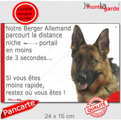 Berger Allemand Poils courts, Plaque humour "parcourt distance niche-portail 3 secondes" pancarte photo attention au chien