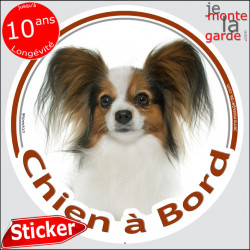 Epagneul Continental Papillon, sticker autocollant rond "Chien à Bord" disque adhésif vitre voiture marron photo