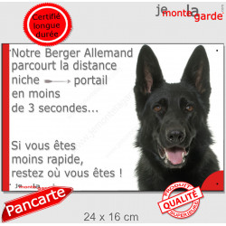 Berger Allemand entièrement noir Poils courts, plaque portail "parcourt distance Niche - Portail" pancarte photo attention chien