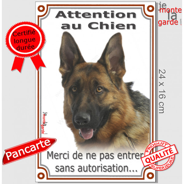 Berger Allemand Poils Courts, plaque portail verticale "Attention au Chien, interdit sans autorisation" pancarte panneau photo