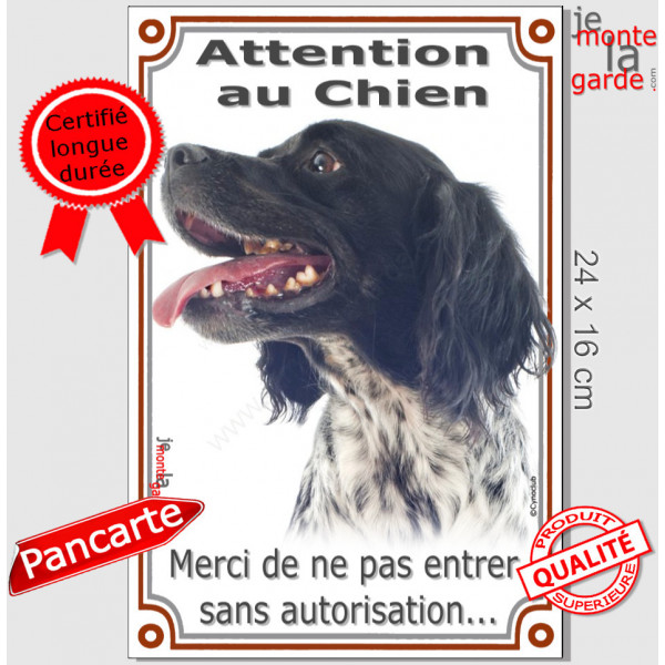 Epagneul Breton Noir tête, pancarte portail "Attention au Chien, interdit sans autorisation" verticale, plaque panneau photo