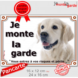 Golden Retriever sable clair blanc, plaque portail "Je Monte la Garde, risques et périls" pancarte panneau attention au chien