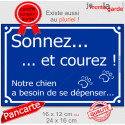 Plaque portail humour "sonnez courez, notre chien a besoin de se dépenser" 2 tailles D