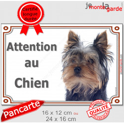 Yorkshire Terrier, plaque portail "Attention au Chien" panneau affiche pancarte photo York noir et feu