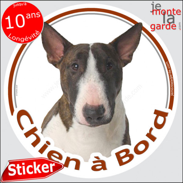 Bull Terrier bringé Tête, sticker autocollant rond "Chien à Bord" Disque photo adhésif vitre voiture bringué