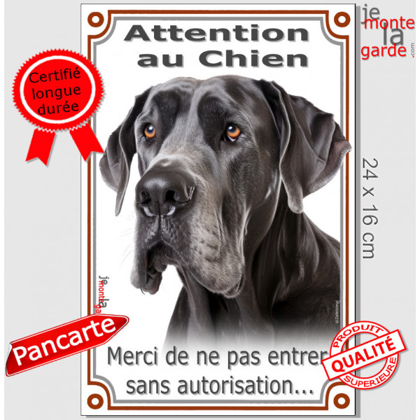 Dogue Allemand tout noir, plaque portail verticale "Attention au Chien, interdit sans autorisation" pancarte photo