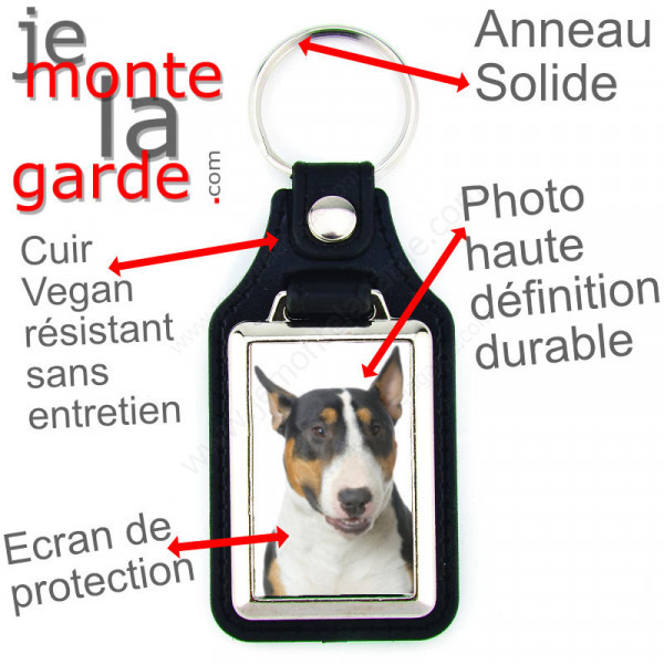 Porte-clés en cuir vegan et support en métal, avec la photo de votre Bull Terrier tricolore, idée cadeau clef