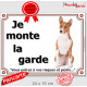 Basenji fauve marron Assis, plaque portail "Je Monte la Garde, risques périls" pancarte panneau photo Bassenji