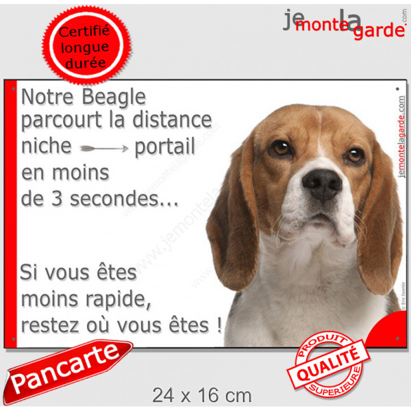 Beagle tricolore plaque humour "parcourt distance Niche-Portail moins 3 secondes, rapide" pancarte photo attention au chien