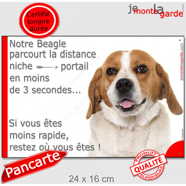 Beagle fauve, plaque humour "parcourt distance Niche-Portail moins 3 secondes, rapide" pancarte photo attention au chien