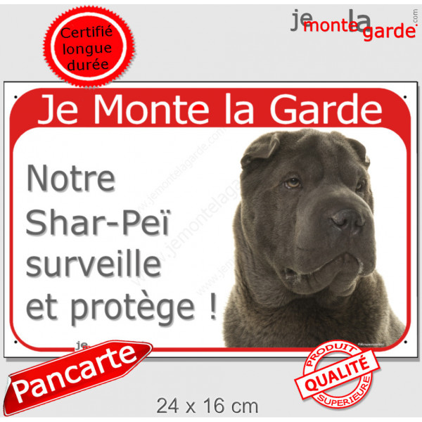 Shar-Peï marron chocolat, plaque portail rouge "Je Monte la Garde, surveille protège" pancarte sharpei attention au chien photo 