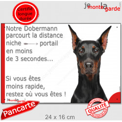 Dobermann nor et feu, plaque portail humour "parcourt distance Niche - Portail" 24 cm