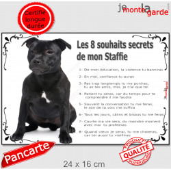 Staffie noir Assis, plaque "Les 8 Souhaits Secrets" pancarte panneau idée cadeau réglement commandement photo cadre terrier