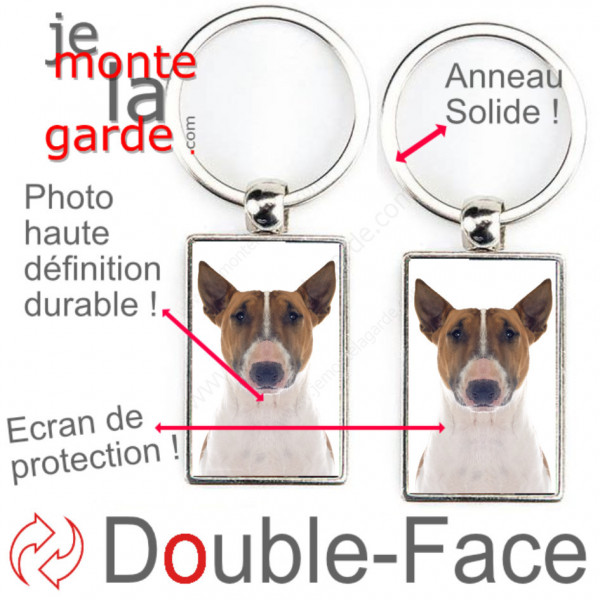 Porte-Clefs métallique double face photo Bull Terrier fauve et blanc, idée cadeau porte clés fer acier