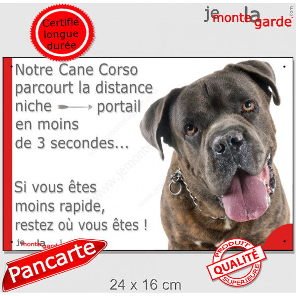 Cane Corso bringé, Plaque Portail humour Attention au chien "parcourt distance portail 3 secondes" photo