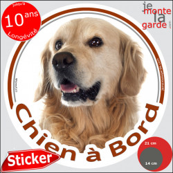 Golden Retriever, sticker voiture rond "Chien à Bord" 2 tailles D