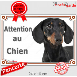 Teckel noir et feu poils ras, plaque portail "Attention au Chien" 24 cm LUX