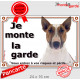 Bull Terrier Fauve, plaque portail "Je Monte la Garde, Risques Périls" panneau pancarte attention au chien photo