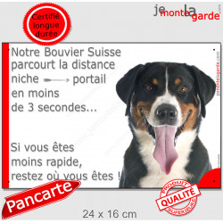 Bouvier Suisse, plaque humour "parcourt distance Niche-Portail moins 3 secondes, rapide" pancarte photo attention au chien