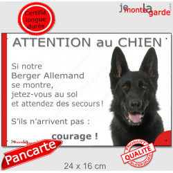 Berger Allemand tout noir poils courts, plaque portail humour "Attention au chien, Jetez Vous au Sol" pancarte panneau photo