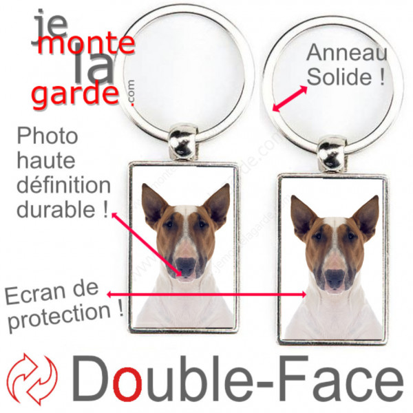 Porte-Clefs métallique double face photo Bull Terrier fauve et blanc, idée cadeau porte clés fer acier