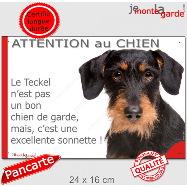 plaque portail humour "Attention au Chien, notre Teckel garde est une sonnette" pancarte photo Teckel noir et feu à poils durs