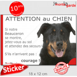 Beauceron, sticker humour"Attention au Chien, Jetez Vous au Sol" 18 cm JET