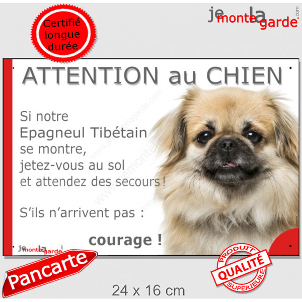 Epagneul Tibétain fauve, plaque portail humour "Attention au Chien, Jetez Vous au Sol, attendez secours, courage" photo pancarte