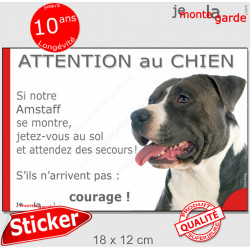 Amstaff noir et blanc, sticker humour"Jetez Vous au Sol, Attention au Chien" 18 cm JET